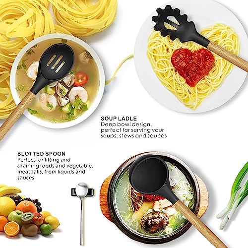 oannao Silicone Cooking Utensils Set - 446°F Heat Resistant Silicone Kitchen Utensils for Cooking,Kitchen Utensil Spatula Set w Wooden Handles, BPA FREE Gadgets for Non-Stick Cookware (Black) - Image 2