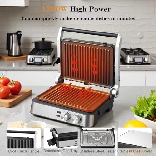 Panini Press,4 Slices Contact Grill with Removable Non-Stick Coated Grill and Flat Plates,Panini Makers with Temperature Control and Timer,Open 180 Degrees,Grill and Griddle (Silver wtih Full SUS) - Image 4