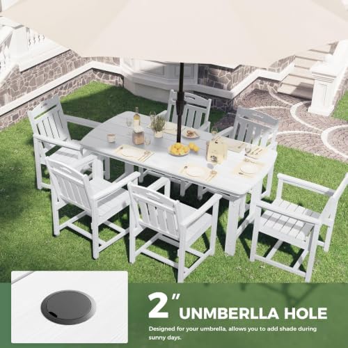 HDPE Outdoor Dining Set, Patio Table and 6 Chairs, 2" Umbrella Hole, White - Image 5