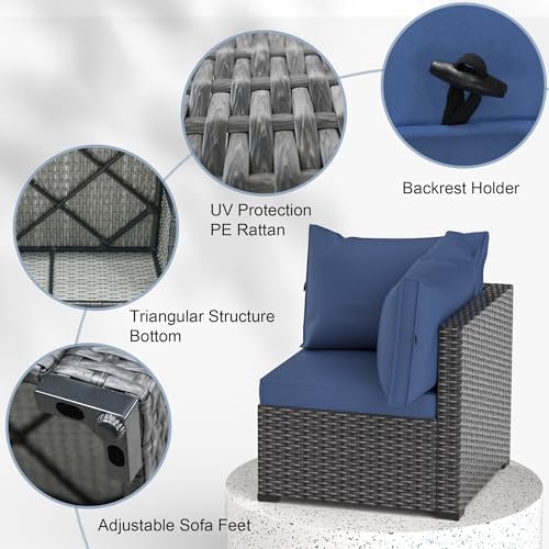 Patio Furniture Set, 7PCS Outdoor Sectional PE Rattan Patio Conversation Set w/Thickened Cushion Modular Wicker Patio Sofa Set w/Coffee Table for Balcony, Backyard(Blue) - Image 4