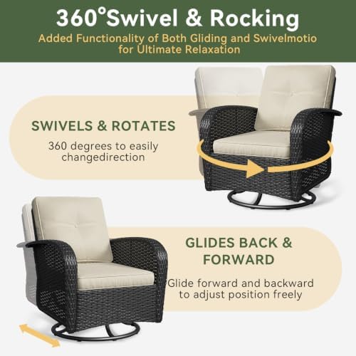 Aoxun 3 Pieces Patio Furniture Set, Patio Swivel Rocker Chairs Set of 2, Wicker Outdoor Bistro Set with Rocking Chair, Thickened Cushions and Table for Porch (Beige) - Image 3