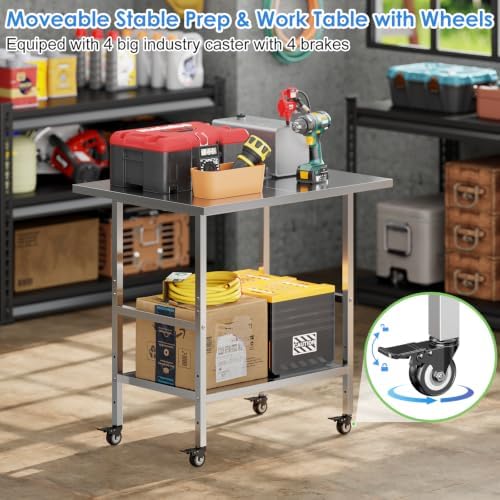 NSF Stainless Steel Prep Table with Wheels, Commercial Worktable with 4 Casters & Brakes & Adjustable Undershelf, Heavy Duty Rolling Kitchen Island Cart for Restaurant, Home, Outdoor BBQ & Pizza Oven - Image 7