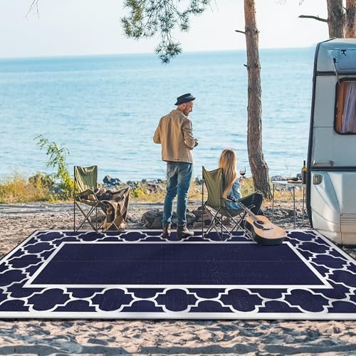 GENIMO Outdoor Rug, Waterproof Plastic Rugs 9'x18' for Camping Blue White - Image 3