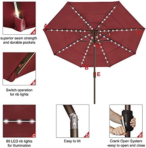 EliteShade USA 10-Year-Non-Fading 9ft 3-Tier Market Patio Umbrella, Commercial Table Umbrella with 80 Solar LED Lights, Crank Open, Windproof & UPF 50+ UV Protection for Garden, Deck, Pool, Backyard, Burgundy - Image 5