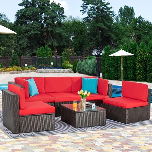 Vongrasig 7 Piece Patio Furniture Sets with 45 Inch Fire Pit Table All Weather PE Wicker Rattan Outdoor Sectional Sofa Couch Conversation Set w/Glass Table for Lawn, Garden, Backyard (Red) - Image 3