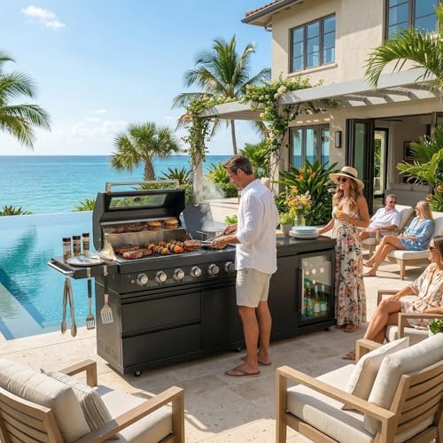 5-Burner Stainless Steel Grill with Rotisserie Oven,Mini Wine Fridge,Side Burner,Sink.Included Natural Gas converter.Black - Image 3