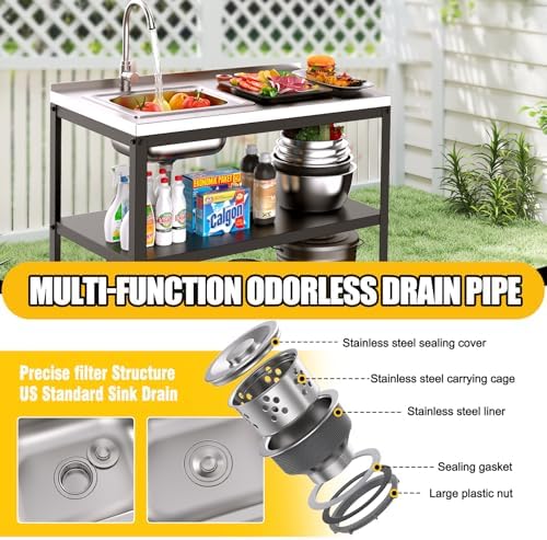 36"H Outdoor Kitchen Sink Station, Outdoor Sink with Hose Hook Up, Stainless Steel Outdoor Utility Sink with Countertop, Freestanding Laundry Sink for Backyard, Garage, Patio, Restaurant - Image 3
