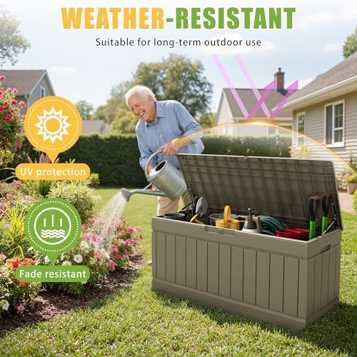 Greesum Outdoor Storage Box 82 Gallon Storage Bin with Lid for Patio Furniture, Garden Tools, Pool Supplies, Waterproof and UV Resistant, Lockable, Coffee - Image 3