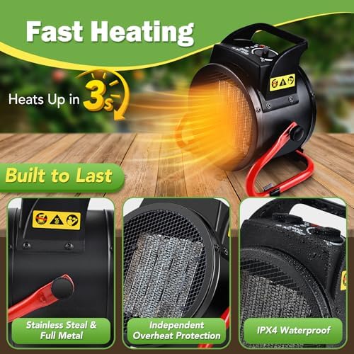 Greenhouse Heater with Thermostat, Auto Power Control with Digital Temperature Display, Fast Heating, Overheat Protection, Electric Heater for Grow Tent, Greenhouse, Flower Room, Patio - Image 3