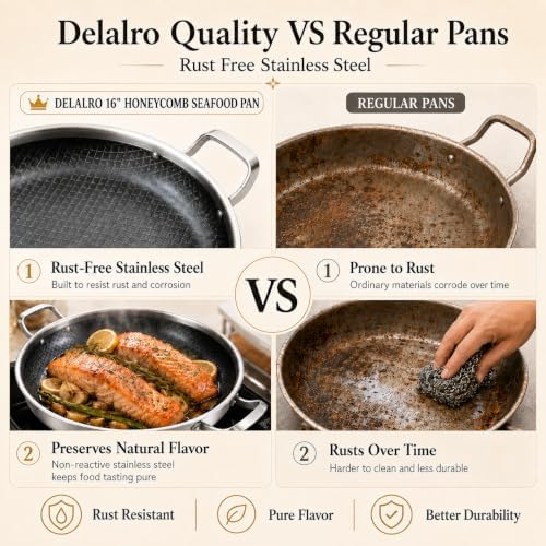 DELARLO 16 Inch Stainless Steel Nonstick Paella Pan with Lid - Image 6