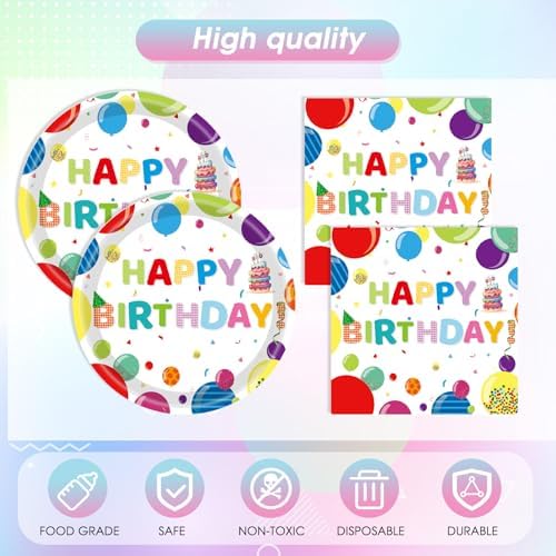 41Pcs Happy Birthday Decorations Colorful Birthday Party Supplies Set Rainbow Color Balloons Design Happy Birthday Paper Plates Napkins Tablecloth丨Birthday Decorations for Boys Girls Kids,Serve 20 - Image 4