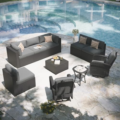 Aoxun Patio Furniture Set with Swivel Rocker Chairs, 10 Piece Outdoor Sectional Sofas, Wicker Rattan Outdoor Furniture with Thickened Cushion for Backyard, Garden Light Grey by Aoxun