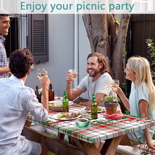 Red Green White Plaid Picnic Table Cover with Bench Covers and Bag, Camping Essentials, Water Resistant Windproof, Fitted Tablecloth Cover with Elastic Edge, for Indoor & Outdoor 3 PCS, 30x60 Inch - Image 4