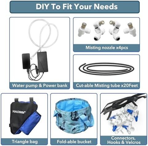 HAOWIN Portable Misting System with Rechargeable Water Pump, Foldable Bucket & Triangle Bag, DIY Mobile Misters for Outside Patio, Tent, Canopy, Golf Cart, Boat, Bike, Motorcycle, Camping, Hiking - Image 2