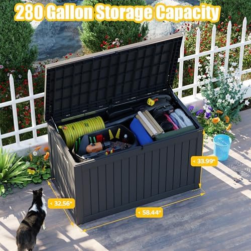 260 Gallon Outdoor Deck Box, Lockable Waterproof Outdoor Storage Boxes For Garden Tools,Indoor Cushions,Accessories Outside Storage Resin Weatherproof Container(Black) - Image 2