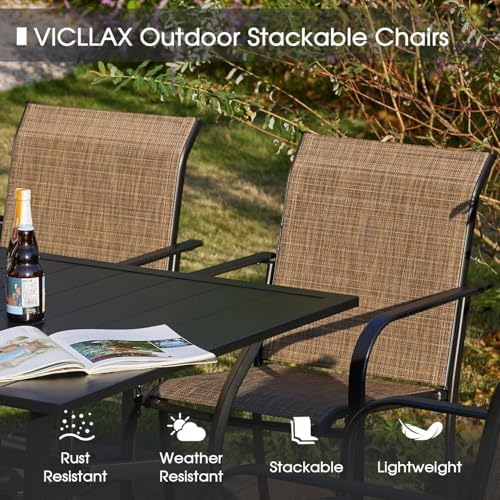 VICLLAX Patio Dining Set for 6, All Weather Metal Outdoor Furniture Set- 47" Round Patio Table and Chairs, Walnut Tabletop and Brown Fabric - Image 3