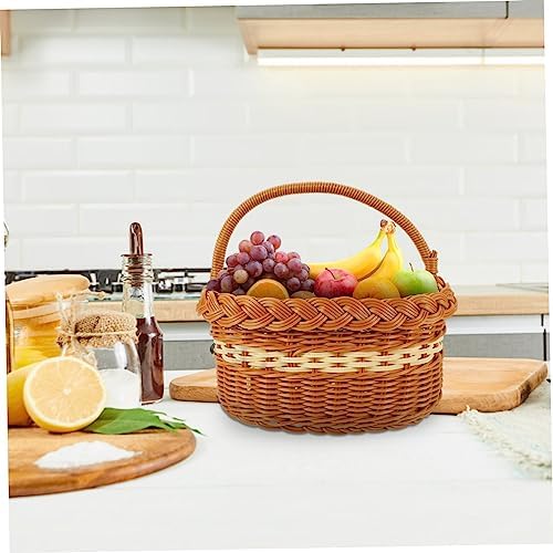 Brown Imitation Rattan Woven Basket with Handle, Portable Storage Bin - Image 6