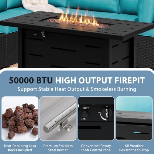 Shintenchi 6 Piece Outdoor Patio Furniture Set with 43 Inch Propane Fire Pit, Washable Cushions, Glass Coffee Table, Waterproof Cover & CSA Certified for Backyard Poolside, Black PE Rattan/Blue - Image 5