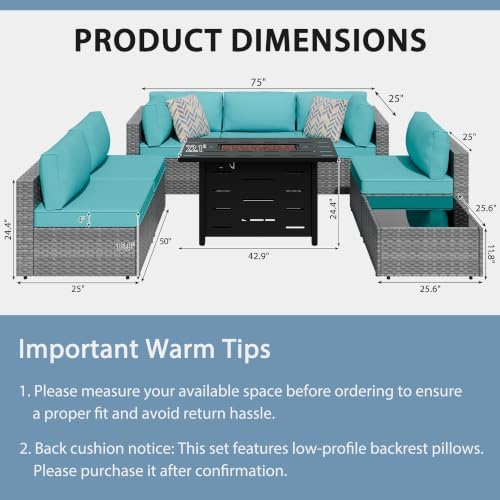 Shintenchi 8 Piece Outdoor Patio Furniture Set with 43 Inch Propane Fire Pit, Washable Cushions, Glass Coffee Table, Waterproof Cover & CSA Certified for Backyard Poolside, Silver PE Rattan/Blue - Image 2