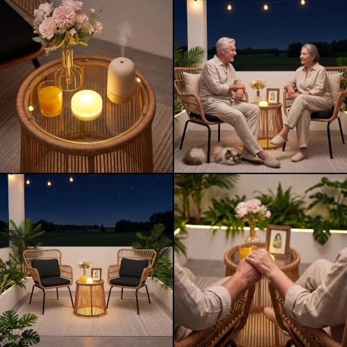 3 Piece Outdoor Wicker Furniture Bistro Set, Rattan Chairs Conversation Sets with Solar Light, Wicker Patio Furniture for Balcony Poolside Backyard, Black - Image 4