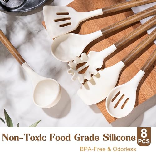 Non-Stick Silicone Kitchen Utensils Set with Natural Acacia Hard Wood Handle, Umite Chef 8 Pieces Kitchen Spatulas set, White, BPA Free, Baking, Serving and Cooking Utensils - Image 2