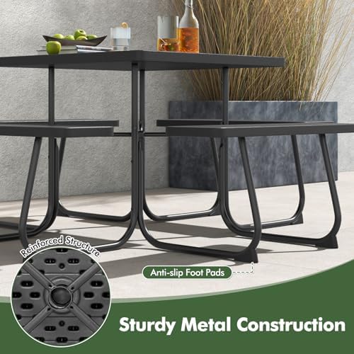 Moccha Picnic Table Bench Set - Outdoor Table and Chairs with Umbrella Hole, HDPE Tabletop & Metal Frame, 500LBS Capacity, Outdoor Camping Table for Garden Backyard Porch Patio Table Set (Black) - Image 5