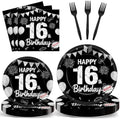 96PCS 16th Birthday Party Paper Plates and Napkins and Forks Set for Black sweet 16 Years Old Party Paper Plates Disposable Decor Happy 16th Parties Set for Kids Birthday Gatherings Decorations by Oitnlaughter