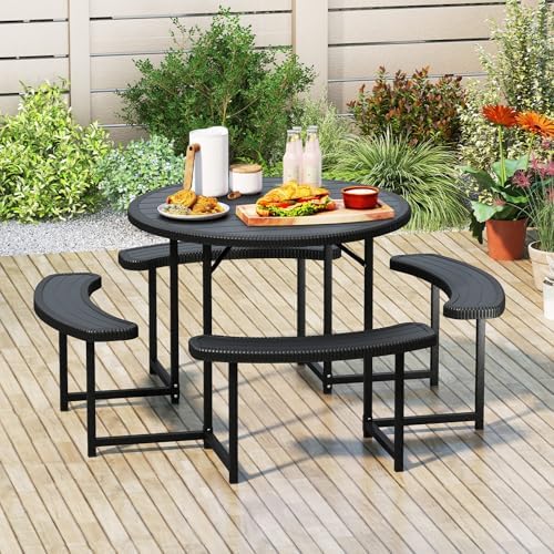 Tangkula 8 Person Round Picnic Table with 4 Benches - Image 2