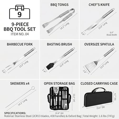 9-Piece Stainless Steel BBQ Tool Set with Carry Bag, Grill Utensils Kit with Spatula, Fork, Tongs, Knife, Skewers, Oil Brush for Outdoor Grill, Camping, Tailgating, Cookouts, BBQ Gifts - Image 2