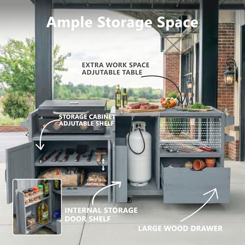Merax 80.5" Outdoor Kitchen Island for Big Green Egg& Blackstone Griddle,Solid Wood Grill Cart Table with Stainless Steel Top,Drawer for Large Big Green Egg and 21"/28" Blackstone Griddle,Grey Blue - Image 5