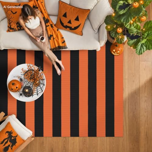 IOHOUZE Fall Striped Outdoor Rug 4x6, Washable Porch, Orange Black - Image 3