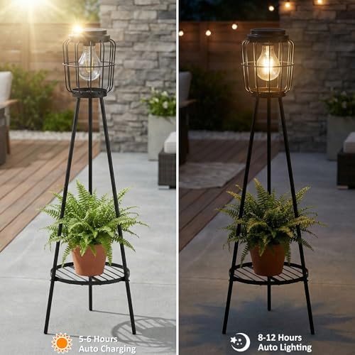 VISFLAIR 2 Pack Solar Lights with Plant Stand, Outdoor Floor Lamp, Waterproof Solar LED Edison Bulb Floor Lamps for Patio Porch Deck Yard Garden Decor - Image 2