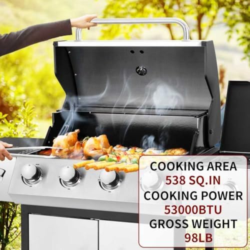 4-Burner Propane BBQ Grill 53000 BTU Stainless Steel Cast Iron Grate - Image 2