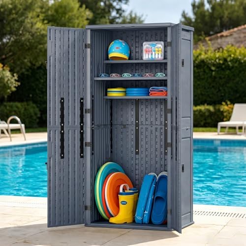 ZYJOYY Outdoor Storage Cabinet with 4 Shelves, 31.5" x 23.23" x 66.22" Grey Waterproof Resin Vertical Tool Shed, Lockable 30 cu.ft. Storage Shed for Patio, Garden, Yard by ZYJOYY