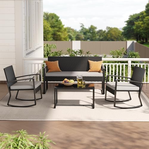 Ahomly 4 Piece Outdoor Patio Furniture Set, Wicker Patio Furniture with Glass Coffee Table, Rocking Wicker Bistro Set, for Backyard, Poolside, Porch (Grey) - Image 4