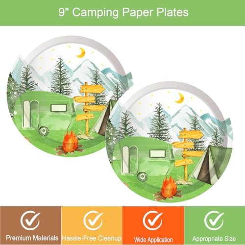 9" Camping Paper Plates Celebrate Party Tableware Round Disposable Dinner Paper Plates Set Camping Theme Party Paper Plates Festival Party Supplies(24 pcs) - Image 3