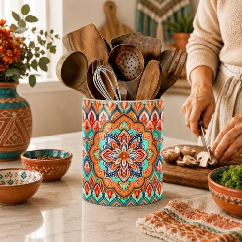 Orange Bohemian Kitchen Utensil Holder, Boho Style Ceramic Utensil Holder For Countertop Organizer, 6.3'' Winter Cooking Utensil Crocks Festivel Decor Utensil Storage Cup for Spatulas, Spoons - Image 3