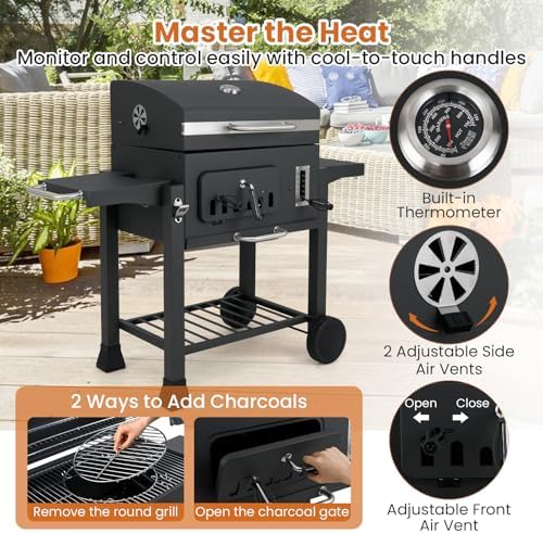 Happygrill Barrel Charcoal Grill with 2 Folding Side Tables & 2 Wheels - Image 5