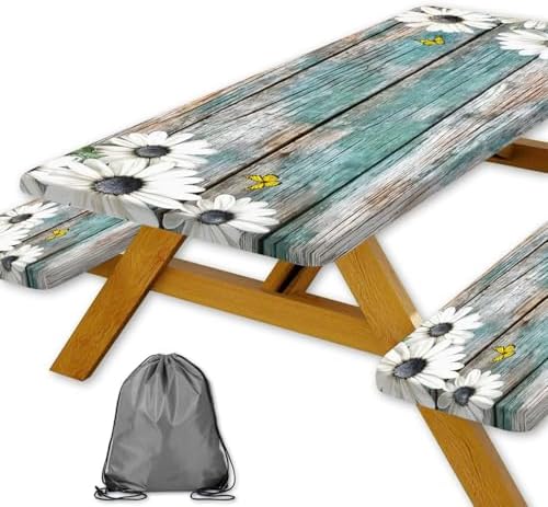 Daisy Flowers Picnic Table Cover with Bench Covers and Bag, Camping Essentials, Wooden Grain Waterproof Windproof, Fitted Tablecloth Cover with Elastic Edge, for Indoor & Outdoor, 3 PCS, 30x96 Inch by Xguatan