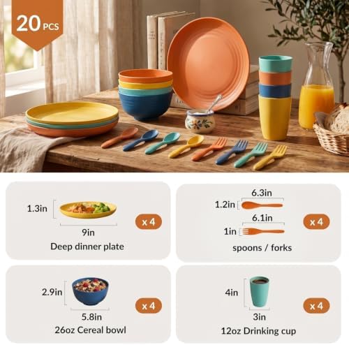 Homienly Wheat Straw Plates and Bowls Sets Unbreakable Dinnerware Set 20 PCS Dish Set for Camping, Party, Picnic Microwave and Dishwasher Safe Kitchen Dinner Set Apartment Essentials (Multicolor) - Image 2