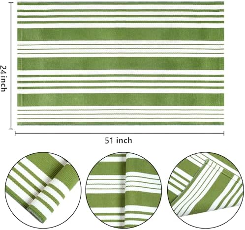 Green and White Outdoor Rug 24"x51"Washable Striped Layered Door Mat - Image 2