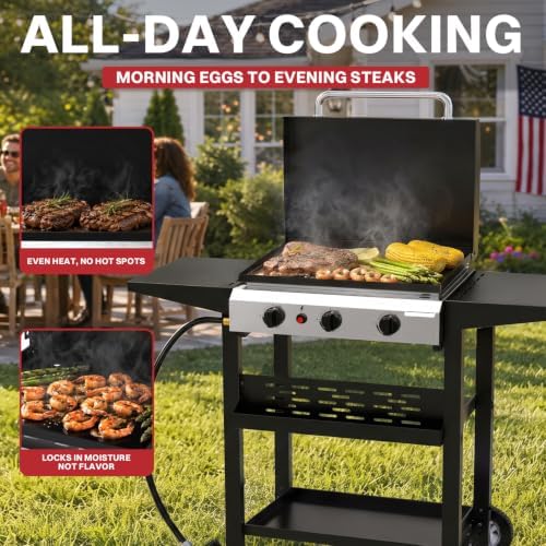 Pipopa 3-Burner Propane Griddle, Portable Flat Top Grill with Wheels & Hood - Image 6