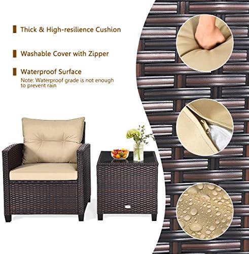 RELAX4LIFE 3 Piece Patio Furniture Set, Wicker Bistro Conversation Set w/ 2 Cushioned Armchairs & Glass Topped Table, Outdoor Rattan Sofa Set Patio Furniture for Porch Balcony Poolside (Beige) - Image 4