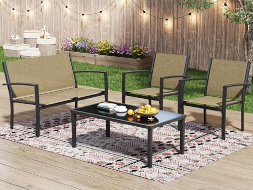 Greesum 4 Pieces Patio Furniture Set, Outdoor Conversation Sets for Patio, Lawn, Garden, Poolside with A Glass Coffee Table, Beige - Image 2
