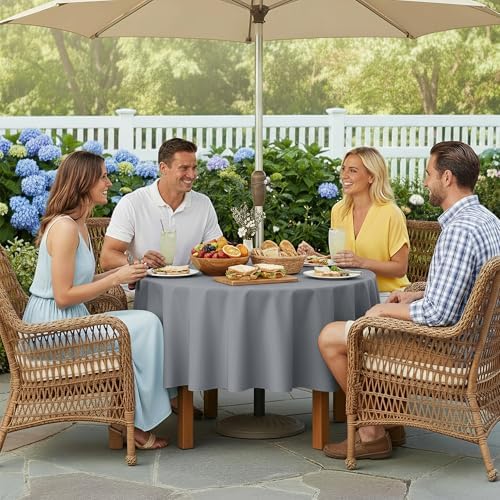 LUSHVIDA Round Outdoor Tablecloth with Umbrella Hole 60 Inch Silver - Image 3