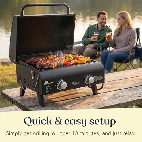 Black Portable Gas Grill, Dual 10,000 BTU Burners, 275 Sq.In Cooking Space, Push-to-Start Ignition, Wind-Proof Lid with Built-in Thermometer, Perfect for Camping Tailgates & Backyard BBQ Cookouts - Image 6