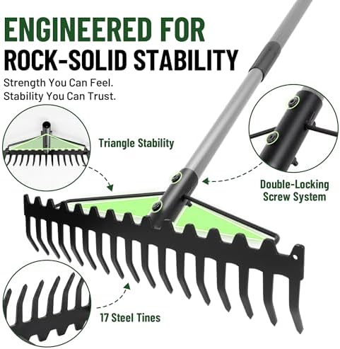 Walensee Heavy Duty Dual-Sided Bow Rake, 63" Stainless Steel Handle, Heat-Treated Manganese Steel Head, 17 Steel Tines Metal Garden Rake for Soil Loosening, Yard Leveling, Lawn Care and Thatch Removal - Image 5