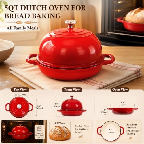 QuliMetal 5 Qt Enameled Cast Iron Dutch Oven for Sourdough Bread Baking,Red - Image 2