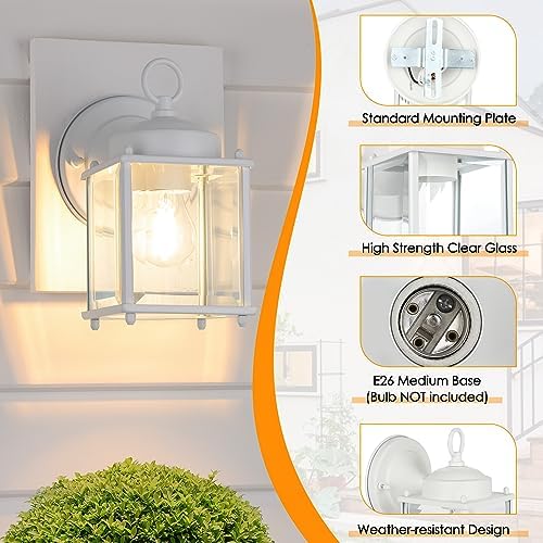 MATAMEYE Outdoor Wall Lantern, Exterior White Waterproof Wall Sconce Lighting Fixtures, Front Door Wall Lights with Clear Beveled Glass Shade, 2 Pack - Image 2