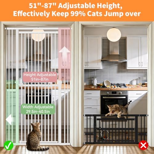 Snuowu 51"-87" Extra Tall Pet Gate for Cats, 29.5"-40.5" Wide Pressure Mounted No-Drilling Safety Dog Gate, Metal Walk-Thru Barrier for Doorways, Stairs, Kitchens, White - Image 3